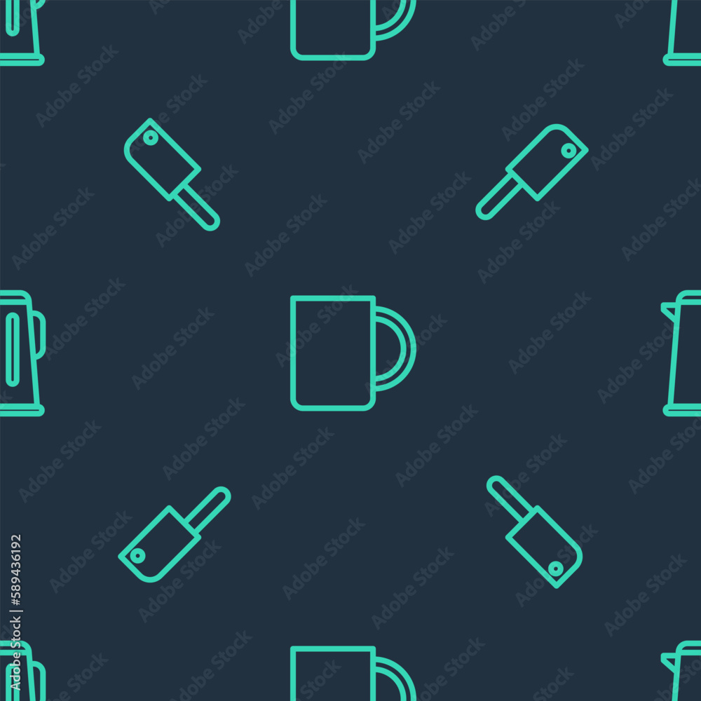 Set line Coffee cup, Meat chopper and Kettle with handle on seamless pattern. Vector Set line Coffee cup, Meat chopper and Kettle with handle on seamless pattern. Vector