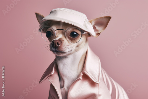 Fashion photography portrait of a dog in a stylish modern outfit. Generative AI © ponkafoto