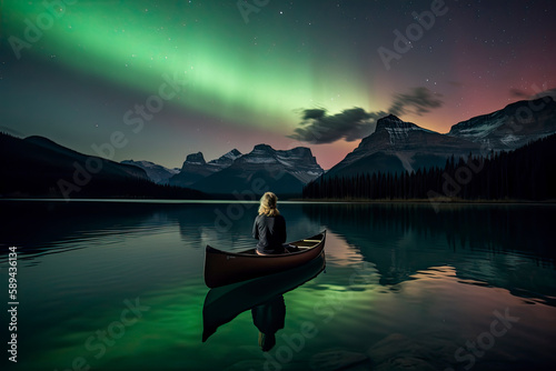 Traveler woman sitting on canoe with aurora borealis over Spirit Island in Maligne lake at Jasper national park, Alberta, Canada