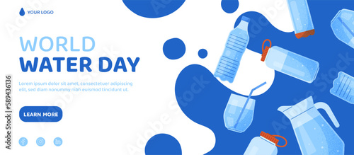 Drinking water concept. Bottles, glasses and jug with clean liquid. Aqua and H2O. Active and healthy lifestyle, fighting thirst. World water day banner. Cartoon flat vector illustration
