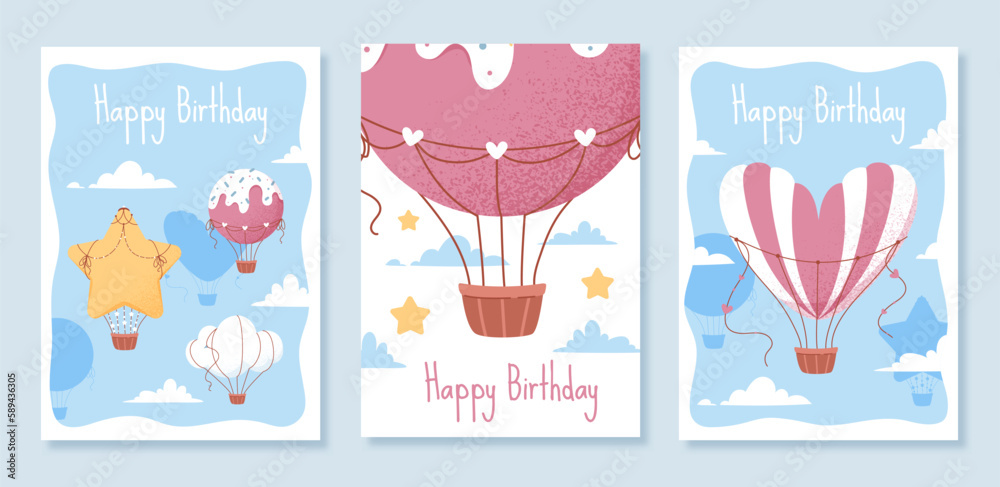 Happy birthday cards set. Collection of greeting postcards with stars and hot air balloon in sky. Holiday and festival, party and event. Cartoon flat vector illustrations isolated on grey background