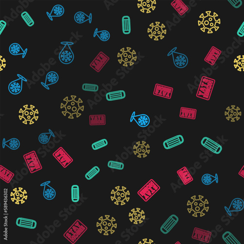 Set line Corona virus 2019-nCoV on location, Medical protective mask, Virus and Stay home on seamless pattern. Vector