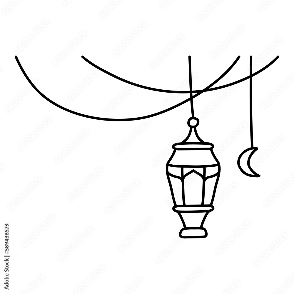 a hanging lantern with crescent moon and cable decoration outline hand drawn vector illustration style