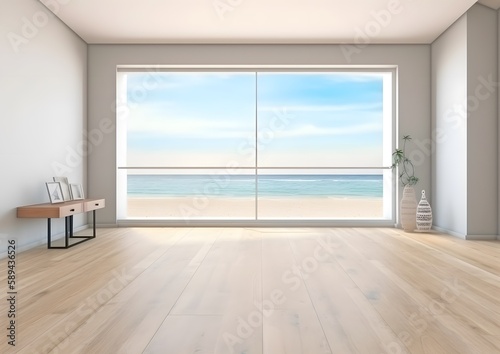 A serene retreat with our captivating digital illustration of an empty white room featuring a minimalist wooden floor and a breathtaking summer sea backdrop. Generative AI