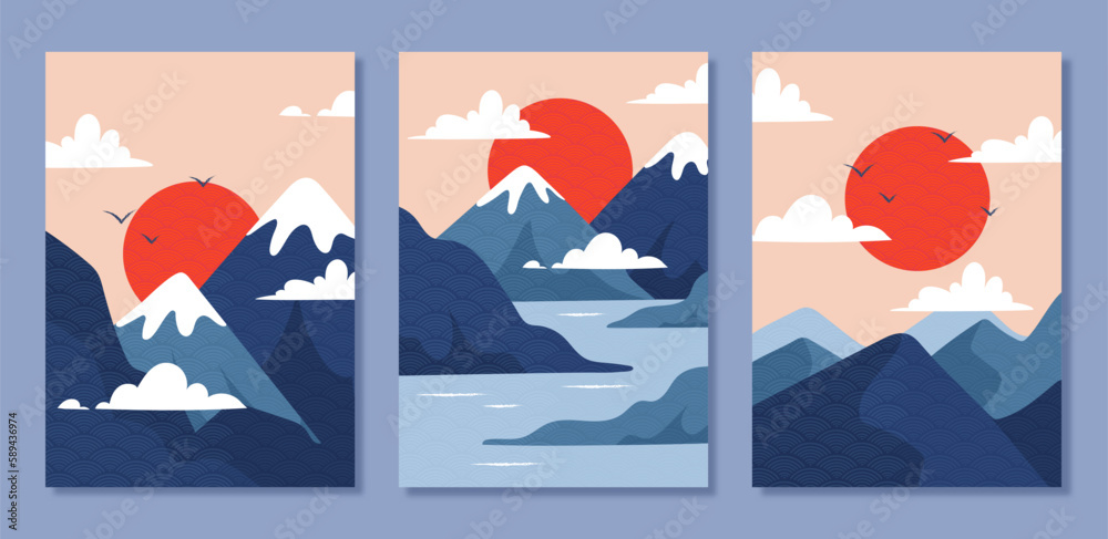Japanese covers pack. Asian style poster collection with red sun behind mountains. Beautiful oriental panorama and natural landscape. Cartoon flat vector illustrations isolated on grey background