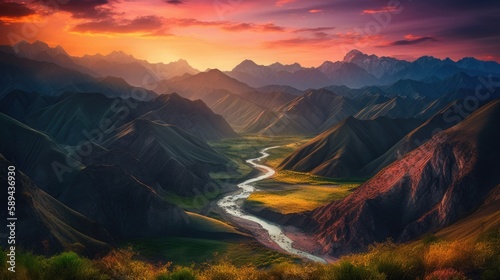 Vibrant landscape of rolling hills  towering mountains  and a crystal-clear river snaking through the valley. Generative AI
