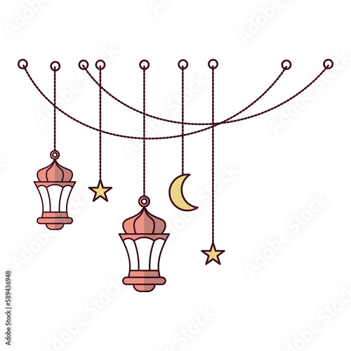 two antique hanging lantern with crescent moon and two stars and cable as decoration with flat design style illustration