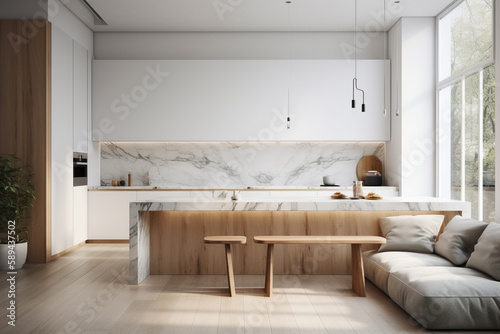 Modern white minimalist interior design with kitchen sofa  wooden floor  wall panels and marble kitchen island. 3d render illustration  generative AI