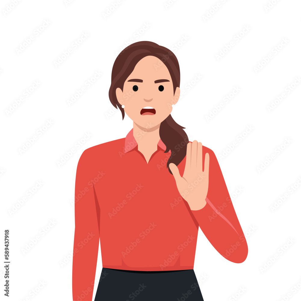 The businesswoman is expressing refusal. The woman says STOP with the gesture. The girl expresses protest and disagreement. Body language and nonverbal communication The businesswoman is expressing refusal. The woman says STOP with the gesture. The girl expresses protest and disagreement. Body language and nonverbal communication