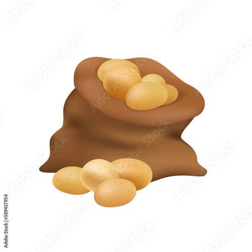 Brown sack of organic potatoes 3D illustration. Cartoon drawing of bag of fresh vegetables in 3D style on white background. Cultivation, harvest, farming, gardening, nature concept