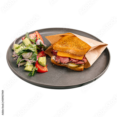 appetizing pastrami sandwich with salad