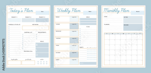 3 set of today, weekly, monthly planner. Vector Print template.