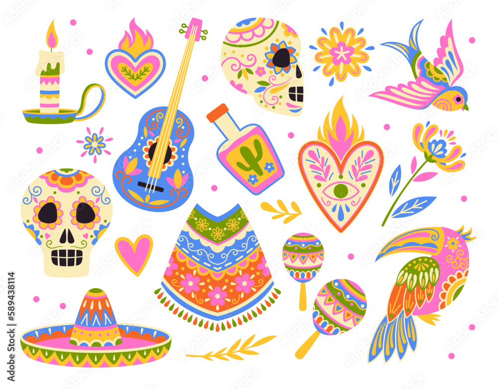 Fototapeta premium Mexico element collection. Dia de los muertos, day of dead set. Skulls, maracas, sombrero, guitar and hearts with floral patterns. Cartoon flat vector illustrations isolated on white background