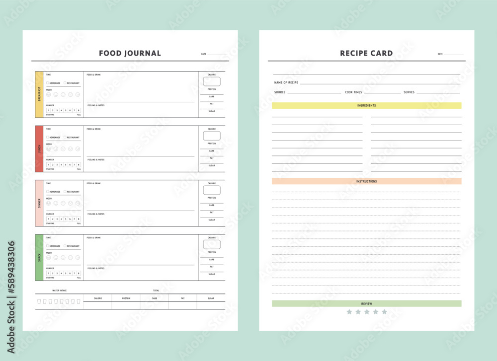 Food Journal and recipe card planner. Vector Print template. Food Journal and recipe card planner. Vector Print template.