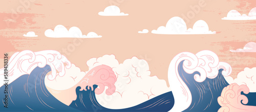 Ocean big wave. Poster or banner in Asian, Chinese and Japanese style. Beautiful natural panorama and seascape.