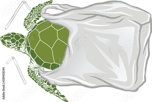 illustration of sea turtle trapped inside plastic bag
