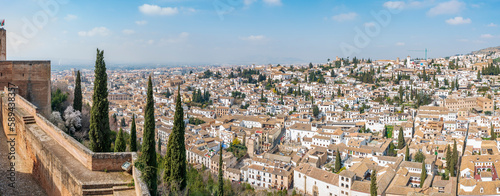 Photographs taken from various angles of the Al-Hamra palace in Granada, Andalusia, Spain.