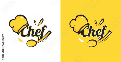 Kitchen chef hat design logo template with loving spoon