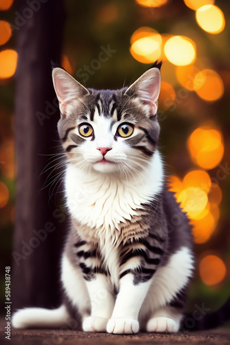 Portrait of a adorable cat, funny and cute face closeup, isolated on beautiful bokeh background, created with generative ai 