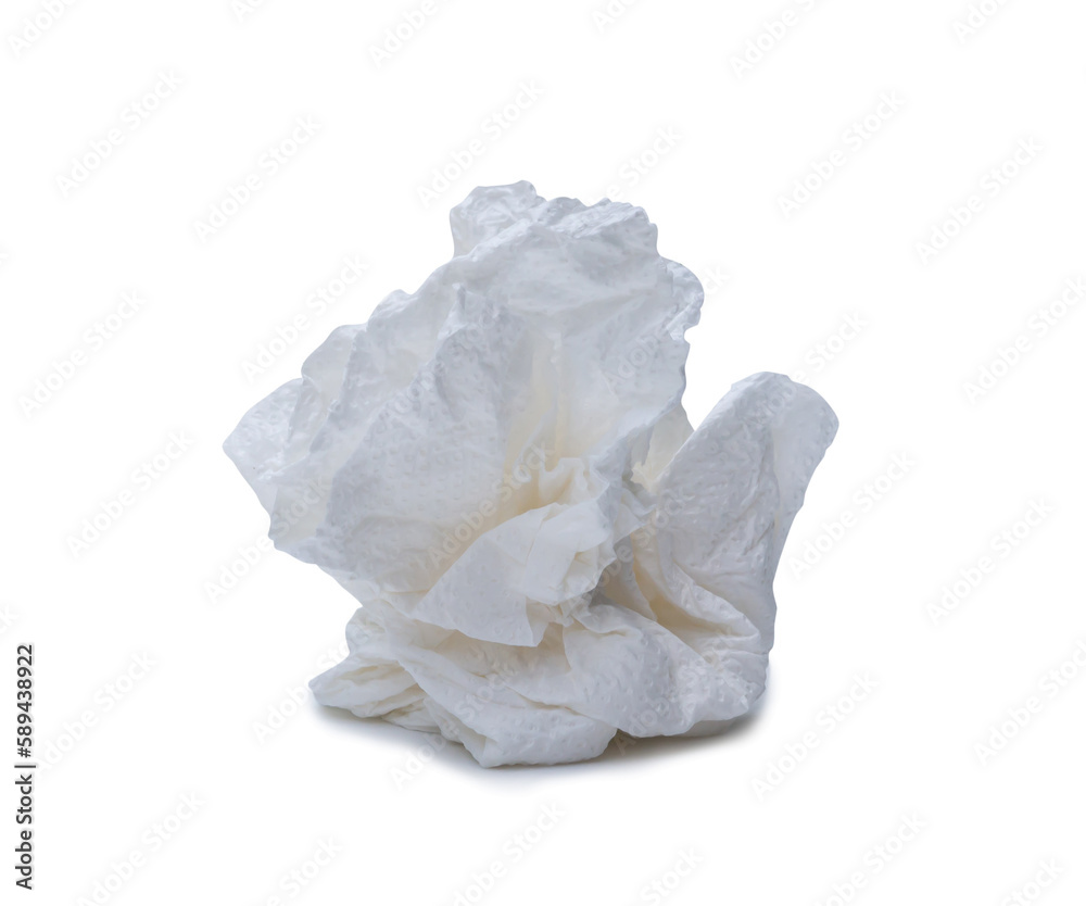 Single screwed or crumpled tissue paper or napkin in strange shape after use in toilet or restroom isolated on white background with clipping path and shadow in png format