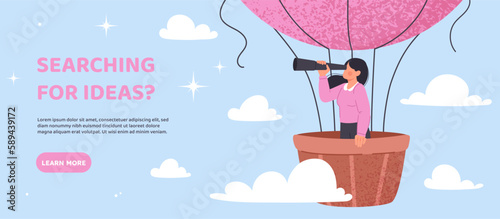 Search service concept. Woman in hot air balloon with binoculars. Vision of future and goal setting. Search for arbotnikov or work. HR manager and recruitment. Cartoon flat vector illustration