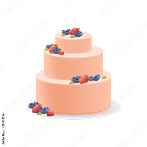 Cake with fresh berries for birthday or wedding 3D illustration. Big cake with blueberries and strawberries for event or party in 3D style on white background. Celebration, food, dessert concept