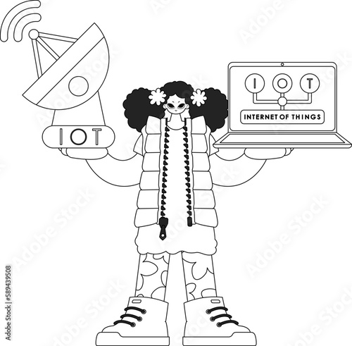 Woman utilizing antenna, laptop to access IoT data, line art vector