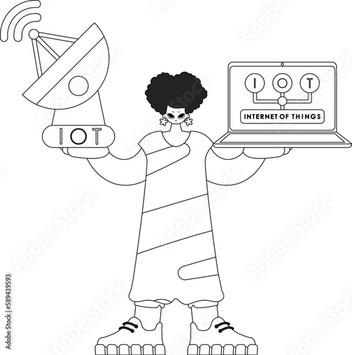 Woman using laptop and antenna to interact IoT info, in a vector linear format