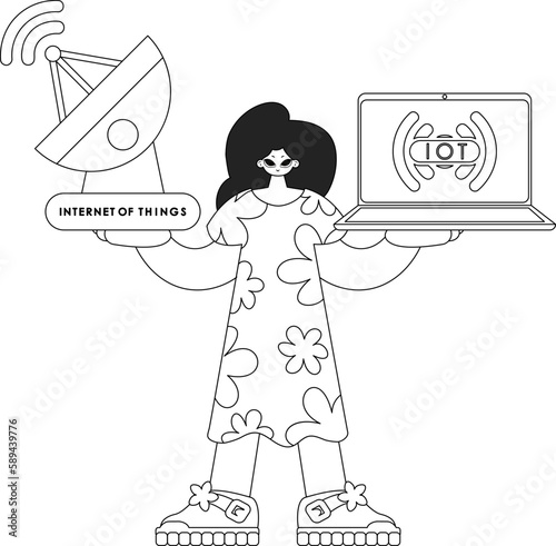 Woman equipped with antenna and laptop, working to interface with IoT data, in a geometric, linear style