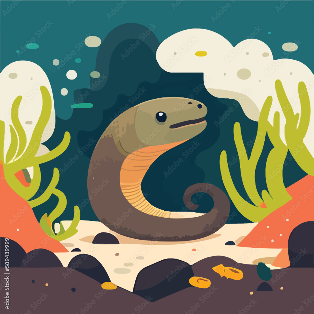 Moray eel in rocky reef. Underwater fish and sea creatures in natural habitat. Flat vector illustration concept Moray eel in rocky reef. Underwater fish and sea creatures in natural habitat. Flat vector illustration concept