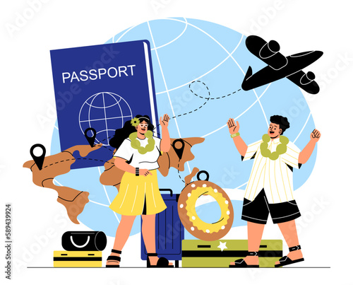 Concept of tourism. Man and woman in beachwear stand in front of globe and foreign passport. Holidays and recreation in exotic and tropical countries, travel. Cartoon flat vector illustration