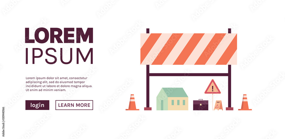 Different construction tools icons and set construction of buildings concept isolated copy space flat illustration.	
