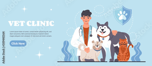 Vet clinic banner. Man with stethoscope stands near cat and dog. Workplace veterinarian in medical gown with big pets. Advertising poster or banner. Cartoon flat vector illustration