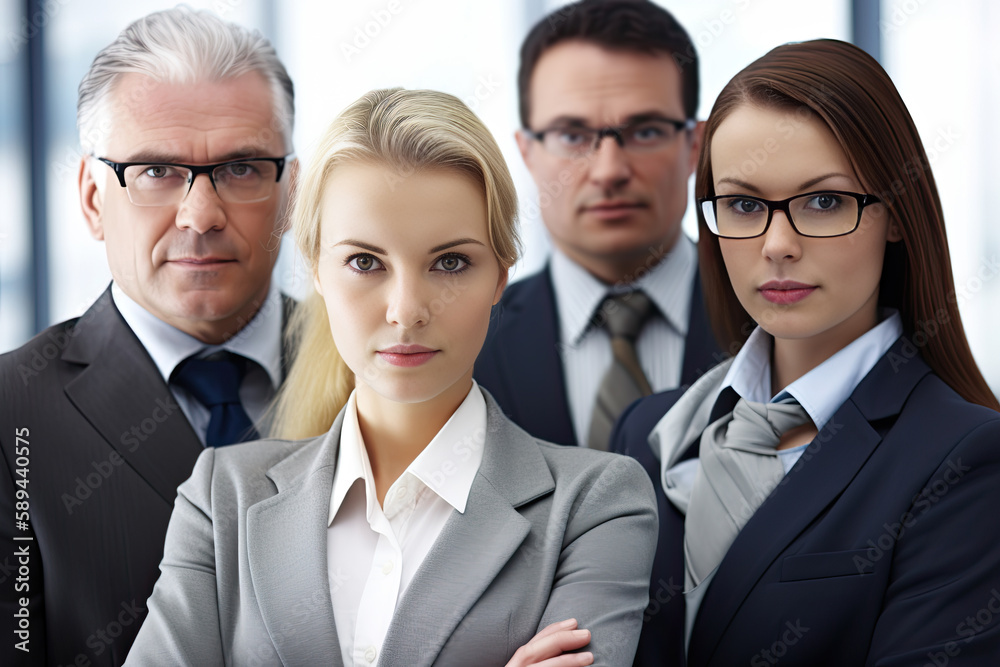 Portrait of confident business team standing in office. Group of businesspeople. Selective focus, Generative AI Portrait of confident business team standing in office. Group of businesspeople. Selective focus, Generative AI