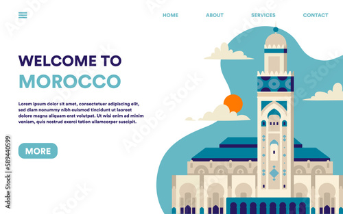 Welcome to Morocco. Travel destination with landmarks. Beautiful African country and city for tourism. Landing page design. Sightseen tour advertising. Cartoon flat vector illustration photo