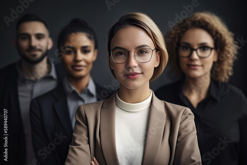 Portrait of confident businesswoman in eyeglasses standing with her colleagues  selective focus  Generative AI