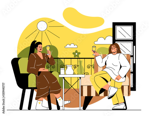 Women sitting at balcony. Young girls with drinks in summer relax and spend time together. Soda and juice. Rest and relax outdoor. Quiet leisure time on sunny day. Cartoon flat vector illustration