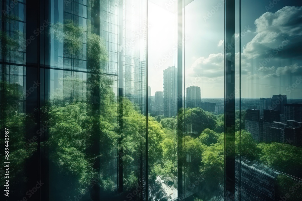 Double exposure of lush green forest and modern skyscrapers windows of building. Green city concept. Generative ai. - obrazy, fototapety, plakaty 
