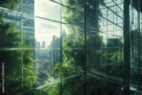 Double exposure of lush green forest and modern skyscrapers windows of building. Green city concept. Generative ai.