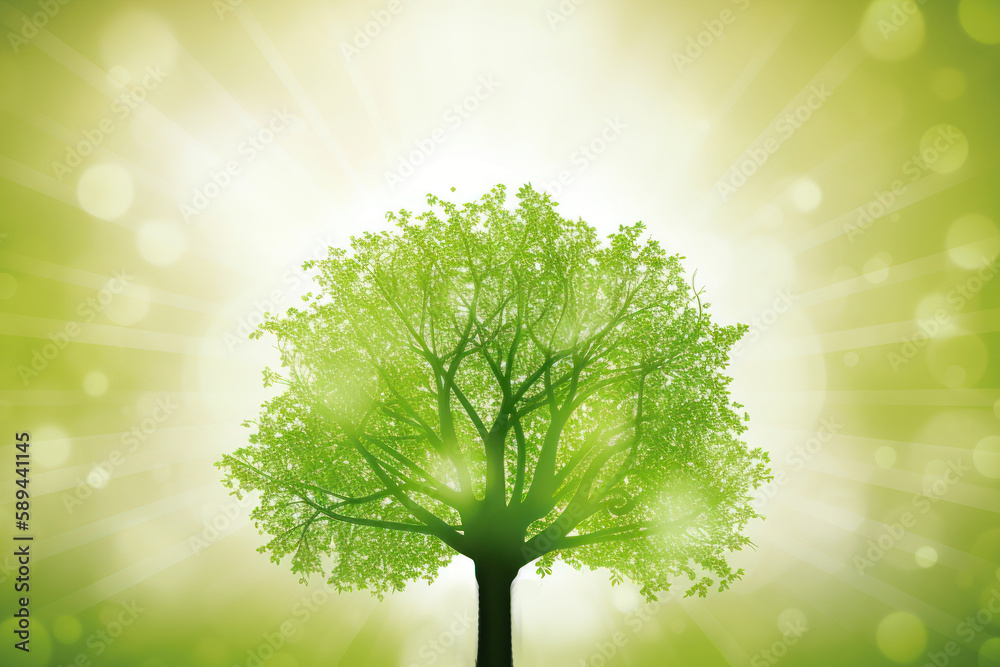 Hand holding tree on blur green nature background. Green environment earth day concept. Generative ai.