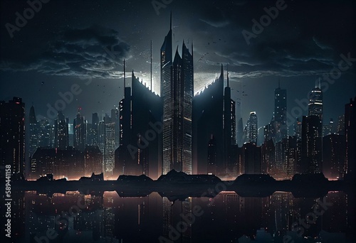 gotham city night skyline wallpaper. Generative AI