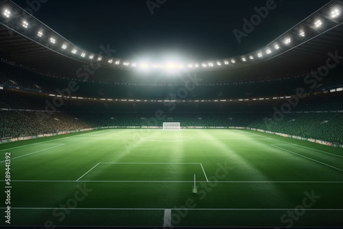 light trails on a grand football stadium green pitch view illuminated by spotlights and an illuminated spectator stand. Sports, Generative AI 