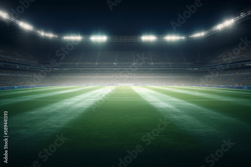 Grand football stadium green pitch view illuminated by spotlights and illuminated spectator stand. Sports, Generative AI 