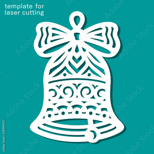 Bells with ribbon, bow. Openwork hanging decoration with carved ornament for Christmas, New Year. Template for plotter laser cutting of paper, wood carving, metal engraving, cnc. Vector illustration.