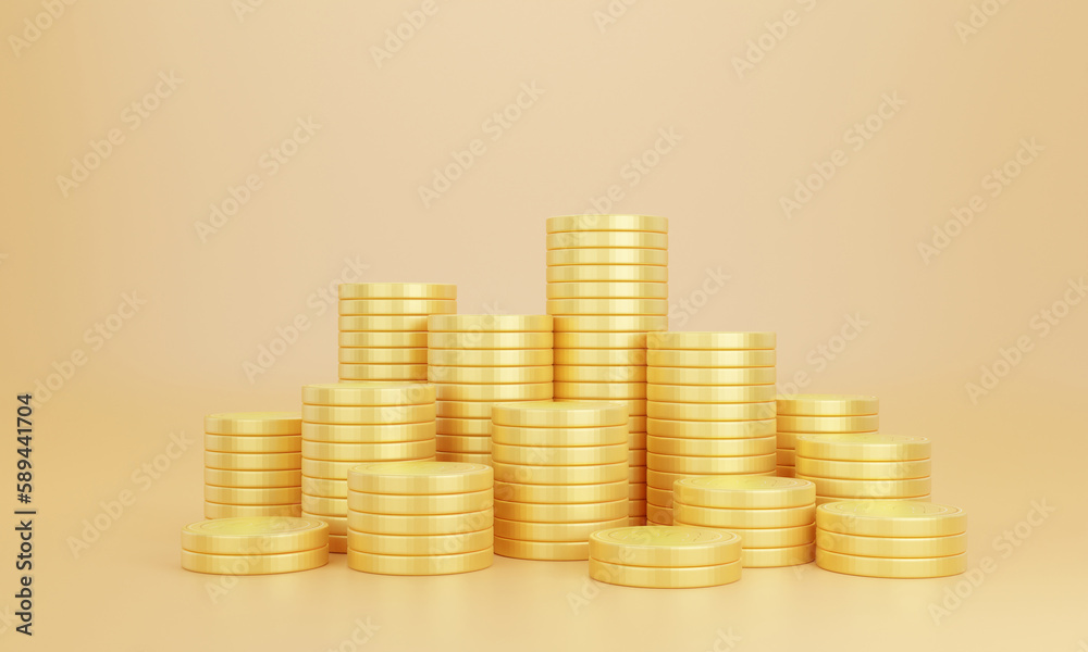Stack of golden coins on yellow background with earning profit concept. Gold coins or currency of business. 3D rendering. Stack of golden coins on yellow background with earning profit concept. Gold coins or currency of business. 3D rendering.