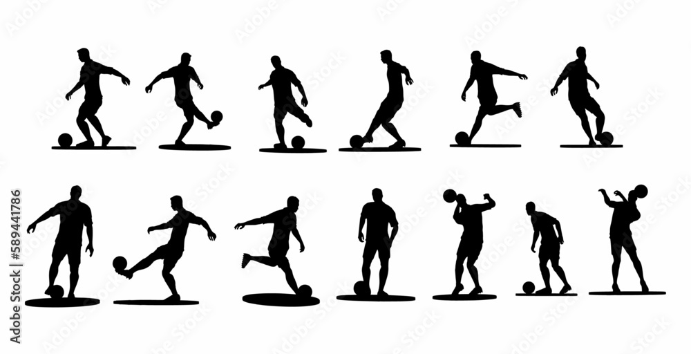 vector set of soccer player silhouettes, players kick the ball with several styles, such as dribling, passing the ball and heading