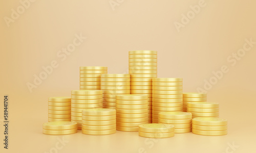Stack of golden coins on yellow background with earning profit concept. Gold coins or currency of business. 3D rendering.