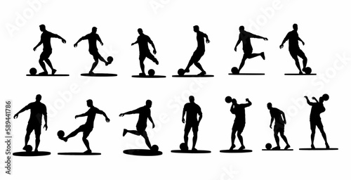 vector set of soccer player silhouettes, players kick the ball with several styles, such as dribling, passing the ball and heading