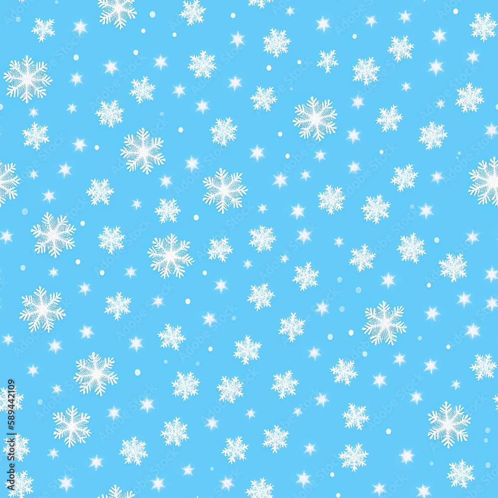 Seamless pattern of snowflakes on blue background. Winter snow texture. Generative AI.