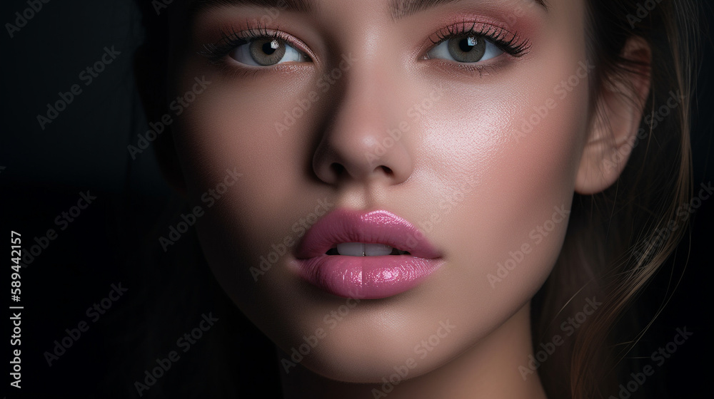The focus of the photo is on a pair of lips, coated in a glossy lipstick that catches the light. Generative AI image. The focus of the photo is on a pair of lips, coated in a glossy lipstick that catches the light. Generative AI image.